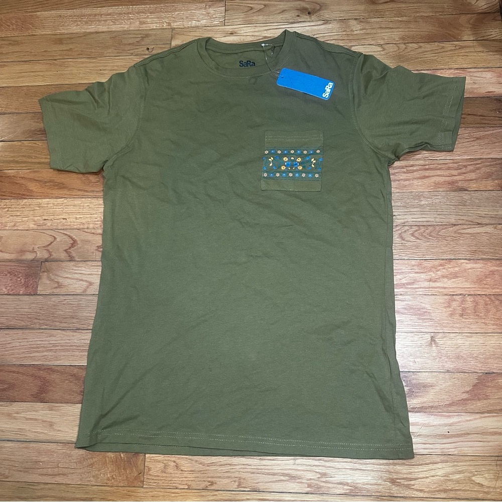 NWT Sara Olive Green‎ T-shirt Floral Chest Pocket Saralifestyle Cotton Large